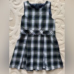 Lands End Girls school uniform jumper dress white plaid pleated size 7/8